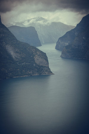 Tourism and travel. Scenic nature landscape. View to picturesque Aurlandfjord and Sognefjord from...