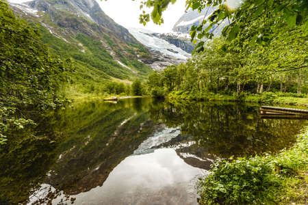 Boyabreen Glacier and lake landscape in Fjaerland area, Sogndal Municipality in Sogn og Fjordane county, Norway.の写真素材