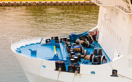 Bow of big boat cruise ship, Detailed view of rigging,の写真素材