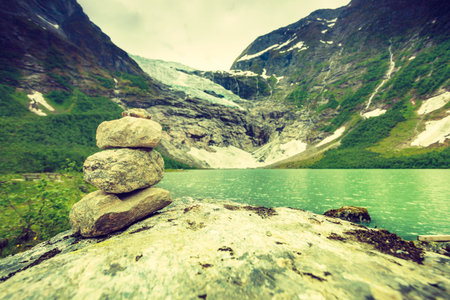 Boyabreen Glacier and lake landscape in Fjaerland area, Sogndal Municipality in Sogn og Fjordane county, Norway.の写真素材