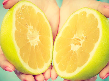 Halfs of yellow grapefruit citrus fruit in female hands closeup. Woman dietician recommend healthy diet nutrition.の写真素材