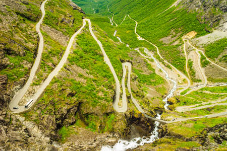 Trolls Path Trollstigen or Trollstigveien winding scenic mountain road in Norway Europeの写真素材