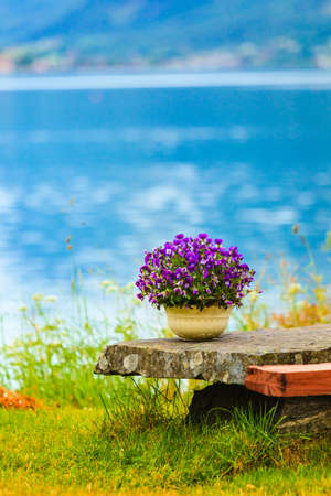 Tourism vacation and travel. Serene landscape, rest place table with bunch of flowers on fjord shore, Olden village in Sogn og Fjordane county, Norway Europe.の写真素材