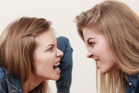 Two women having argue mocking up being mad at each other. Female telling off, ignorance coversation...