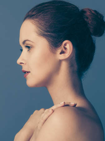 Beauty female body. Attractive sensual woman with nacked shoulders. Pertect clean soft skinの写真素材