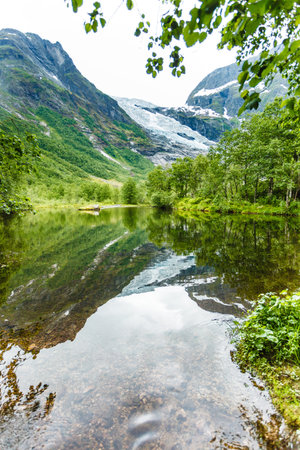 Boyabreen Glacier and lake landscape in Fjaerland area, Sogndal Municipality in Sogn og Fjordane county, Norway.の写真素材