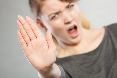 Psychology communication fear frustration tension emotions concept. Screaming woman making gesture....