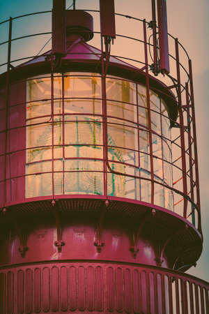 Historic red lighthouse on the edge of rocky sea coast, South Norway, Lindesnes Fyr beacon, detail viewのeditorial素材