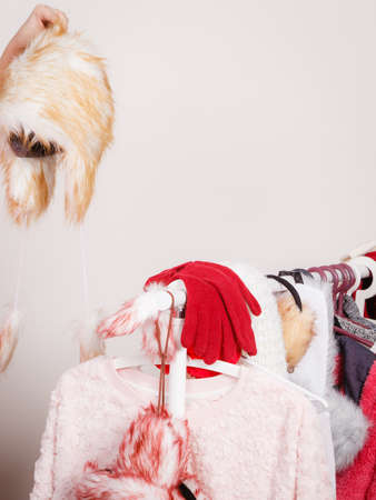 Clothing and seasonal accessories concept. Woman hand holding warm furry winter hat in russian styleの写真素材