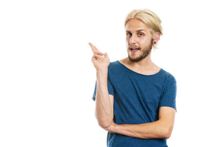 Young man confused thinking seeks a solution. Decision making process, creativity concept, isolated on whiteの写真素材