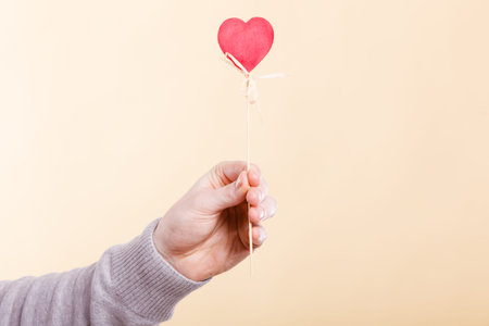 Valentines Day. Male hand holding showing red little heart on stick. Man presents palm with love...