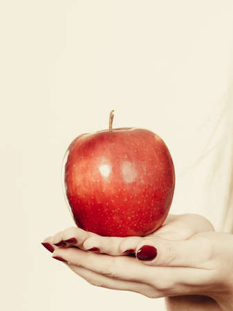 Diet and slimming, healthy food, fruits concept. Woman hand holding big red appleの写真素材
