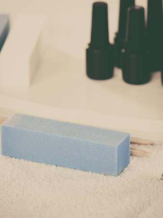 Professional gel hybrid manicure set at beautician salon. Beauty wellness spa treatment objects conceptの写真素材