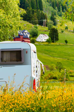 Tourism vacation and travel. Camper van and norwegian mountains landscapeの写真素材