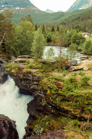 Tourist attraction in Norway, Europe. Gudbrandsjuvet waterfalls located in the Valldalen valley,...