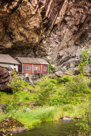 The Helleren houses in Jossingfjord along road 44 between Egersund and Flekkefjord, Sokndal municipality, Norway.の写真素材