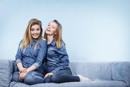 Friendship, human relations concept. Two happy women friends or sisters wearing jeans shirts sitting...