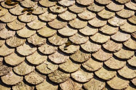 Textures and patterns concept. Detailed closeup of old rural roof tiles outdoor shotの写真素材