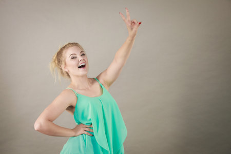 Happiness human face expressions concept. Happy positive cheerful smiling woman with blonde hair...