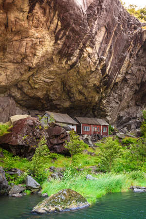 The Helleren houses in Jossingfjord along road 44 between Egersund and Flekkefjord, Sokndal municipality, Norway.の写真素材