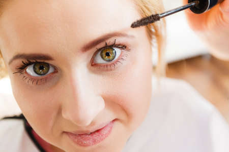 Visage, beauty concept. Closeup portrait of woman face getting her eye eyelashes makeup done by professional artist using mascaraの写真素材