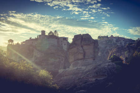 Scenic sunset evening sky over holy Varlaam monastery on cliff in Meteora, Thessaly Greece. Greek destinationsの写真素材