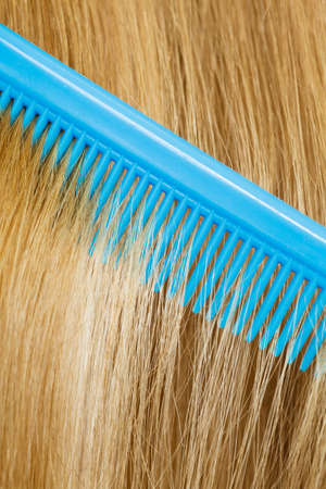 Combing and brushing concept. Routine everyday hygiene. Close up of detail blue comb in blonde smoothy healthy female hair. の写真素材