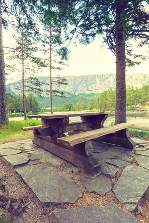 Picnic site wooden table and benches in norwegian forest park, Europe.