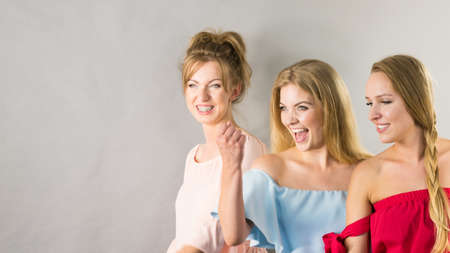 Happy positive female friends having fun enjoying their feminine leisure time. Friendship concept.の写真素材