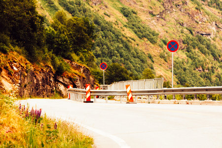 Road with signs running through summer norwegian mountains. Beautiful green natural landscape during...