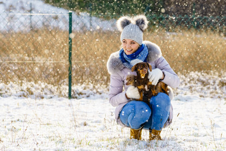 Young woman having fun during winter. Female playing with her two small purebreed dogs puppies while snow is snowingの写真素材