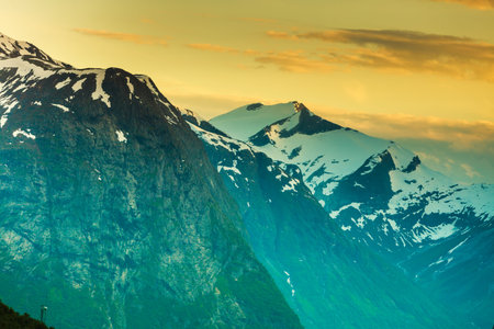 Tourism vacation and travel. Mountains landscape at summer and snowcapped mountain tops in the...