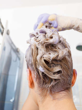 Woman applying coloring shampoo on her hair. Female having purple washing product. Toning blonde color at home.の写真素材