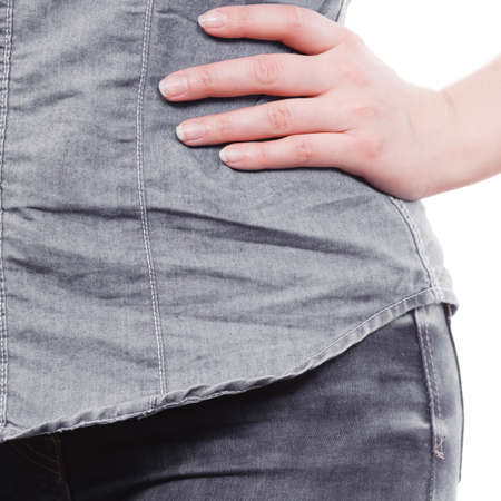 Manicure and hygiene concept. Part body woman presents hand fingers. Girl with palm without varnish nail polish. French nails style.の写真素材