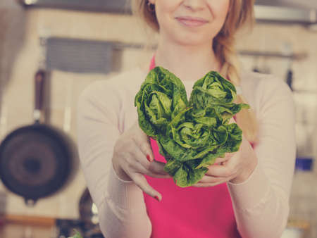 Woman, cooking chef showing holding green lettuce. Female loving vegetables about to cook.の写真素材