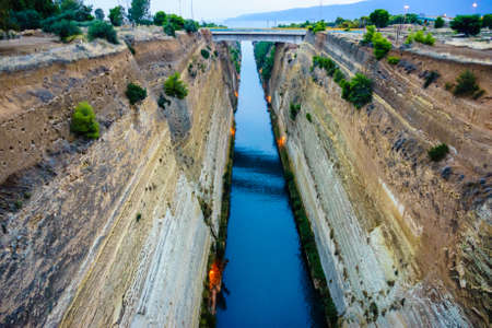 View of Corinth Canal with bridge, Greece Aegean Seaの写真素材