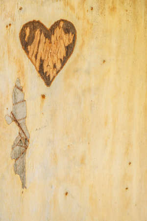 Small heart shape in piece of wood. Romantic detail close up concept.の写真素材