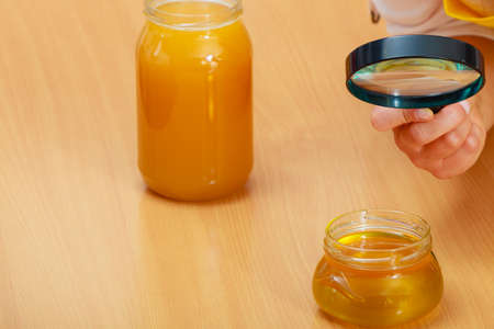 Closeup of woman female inspecting testing honey food with magnifying glass.の写真素材