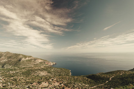View from the Greek mountains on beautiful landscape above the sea level, horizon look during sunny...