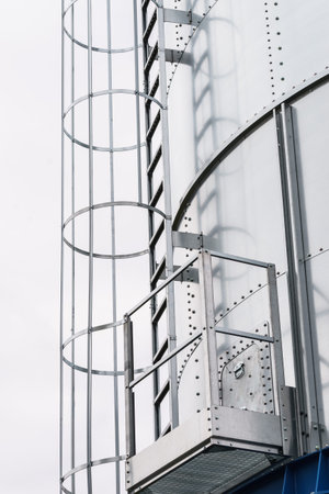 Industrial metal ladder with round protection, railing. Safety rules, agricultural industry objects...