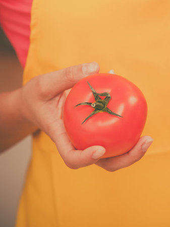 Healthy eating, vegetarian food, cooking, dieting and people concept. Closeup woman in kitchen preparing fresh vegetables salad holds tomato closeupの写真素材