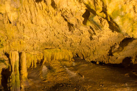 Impressive formations of the stalactites and stalagmites in Dirou Cave. Greek destination .Natural beauty. Mani, Laconia, Greeceの写真素材