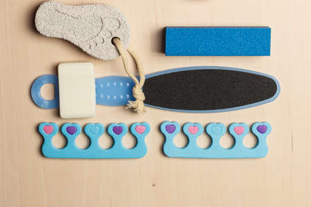 Foot care. Pedicure accessories set tools top viewの写真素材