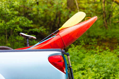 Water sport objects and accessories concept. Detailed closeup of kayak prow object.の写真素材