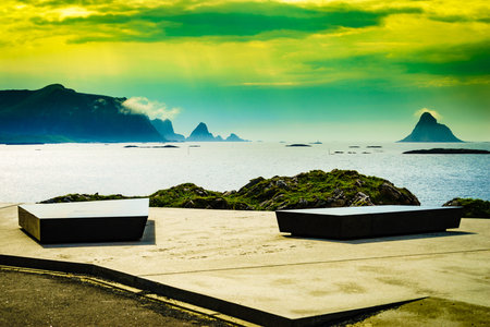Kleivodden rest stop area viewpoint. Arctic scenis ocean view. Attractions along Andoya island...
