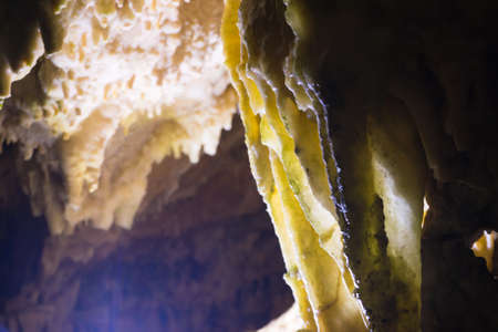 Impressive formations of the stalactites and stalagmites in Dirou Cave. Greek destination. Natural beauty. Mani, Laconia, Greeceの写真素材
