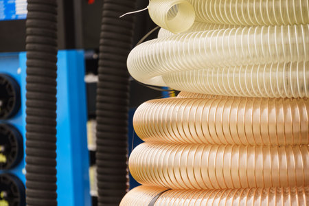 Close up of plastic made corrugated pipes. Agricultural rural machine details concept.