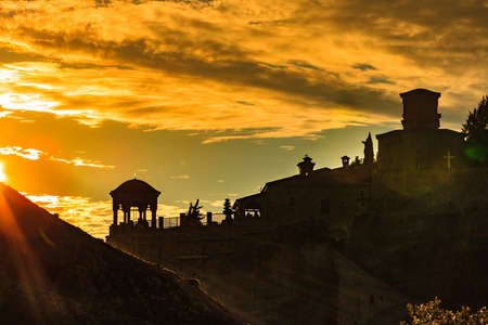 Scenic sunset evening sky over holy Varlaam monastery on cliff in Meteora, Thessaly Greece. Greek destinationsの写真素材