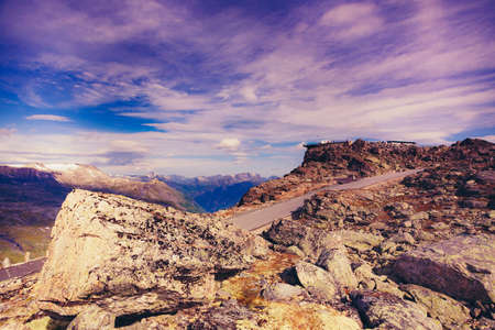 Mountains landscape from Dalsnibba area. Geiranger Skywalk viewing platform on mountain in distance. Norway.の写真素材