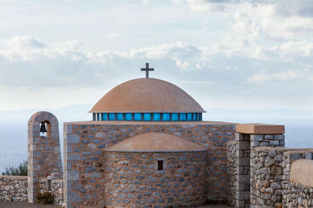 Detail of architecture chapel dome with cross, Peloponnese Greece. Architectural theme.の写真素材